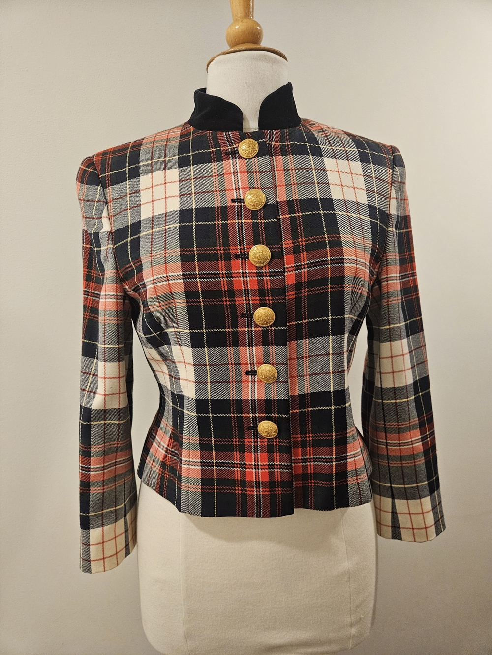 Timeless Mondi Plaid Blazer in Red, Black & white with Gold Buttons